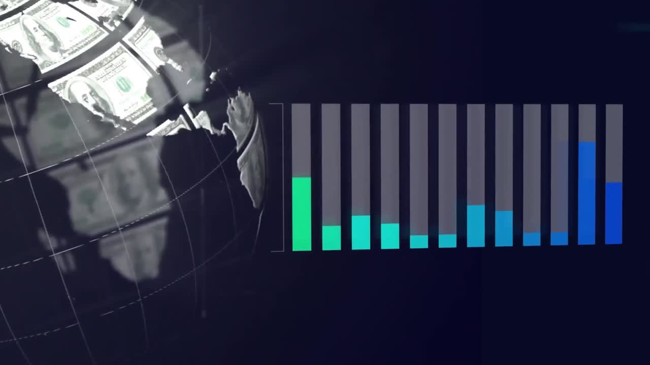 Animation of statistical data processing over globe of american dollar bills spinning