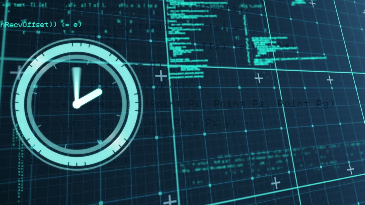 Animation of digital clock over grid pattern against computer language against abstract background