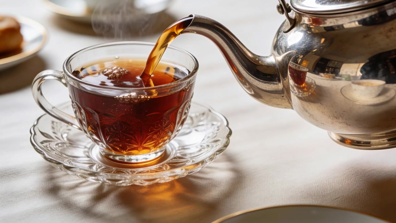Tilting polished silver teapot pouring amber tea into etched glass teacup at table, serving tea