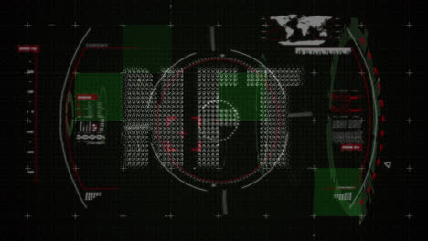 animation of nft text over data processing and scope scanning