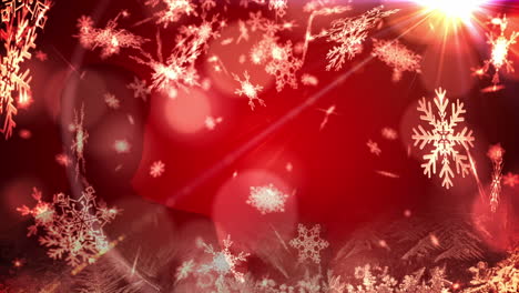 animación de nieve cayendo y puntos de luz en navidad sobre fondo rojo