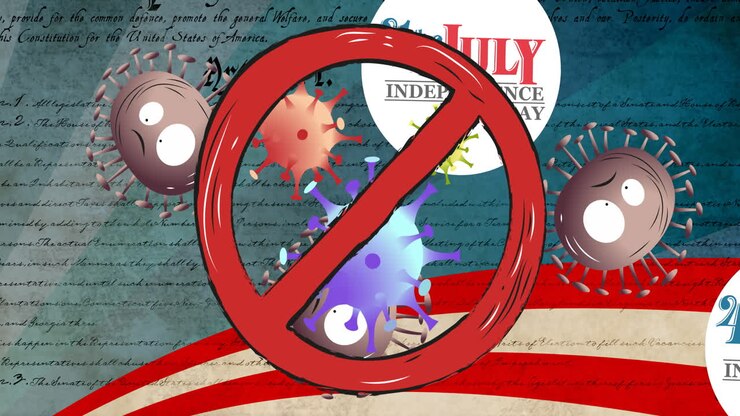 Animation of no entry sign over the 4th of july text and covid 19 cells