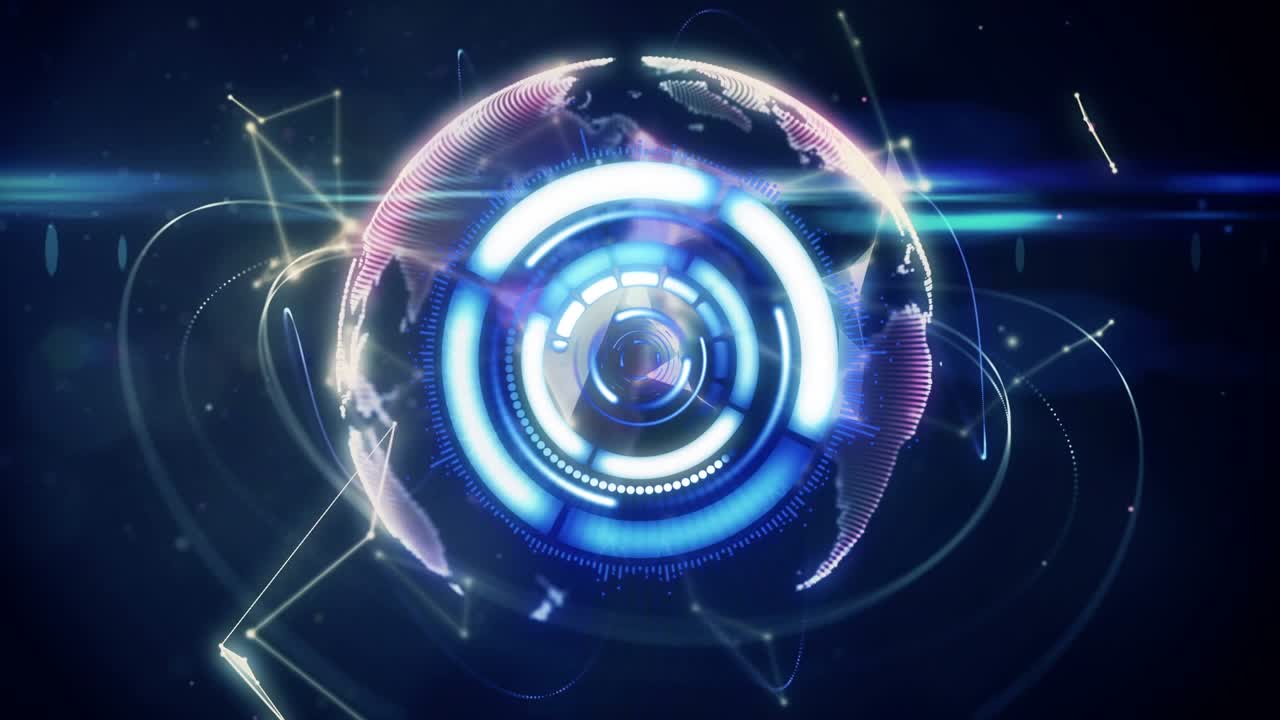 Animation of network of connections and scan scoping over globe on dark background