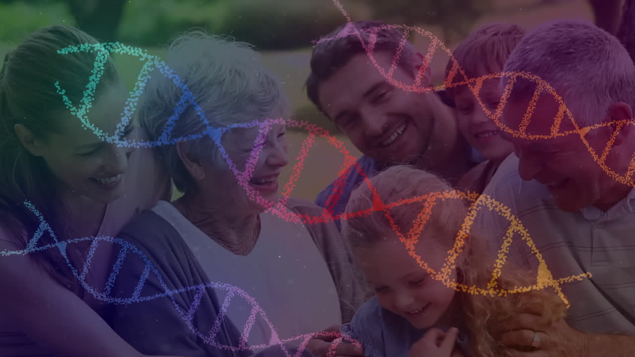 animación de cadenas de adn coloridas en 3d que giran sobre una familia de varias generaciones