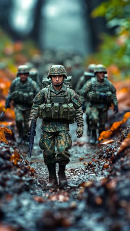 soldiers maneuvering through a forested path during a training exercise