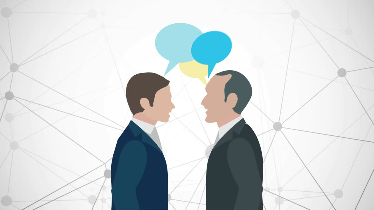 dos hombres de negocios de pie y hablando. comunicación de colegas serios.