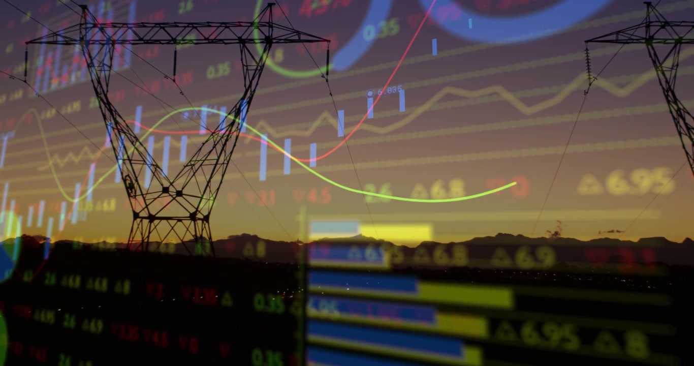 Feed de mercado iniciando sobreposições financeiras sobre torre ao anoitecer mostrando gráficos, barras, cotações, pizza para energia.