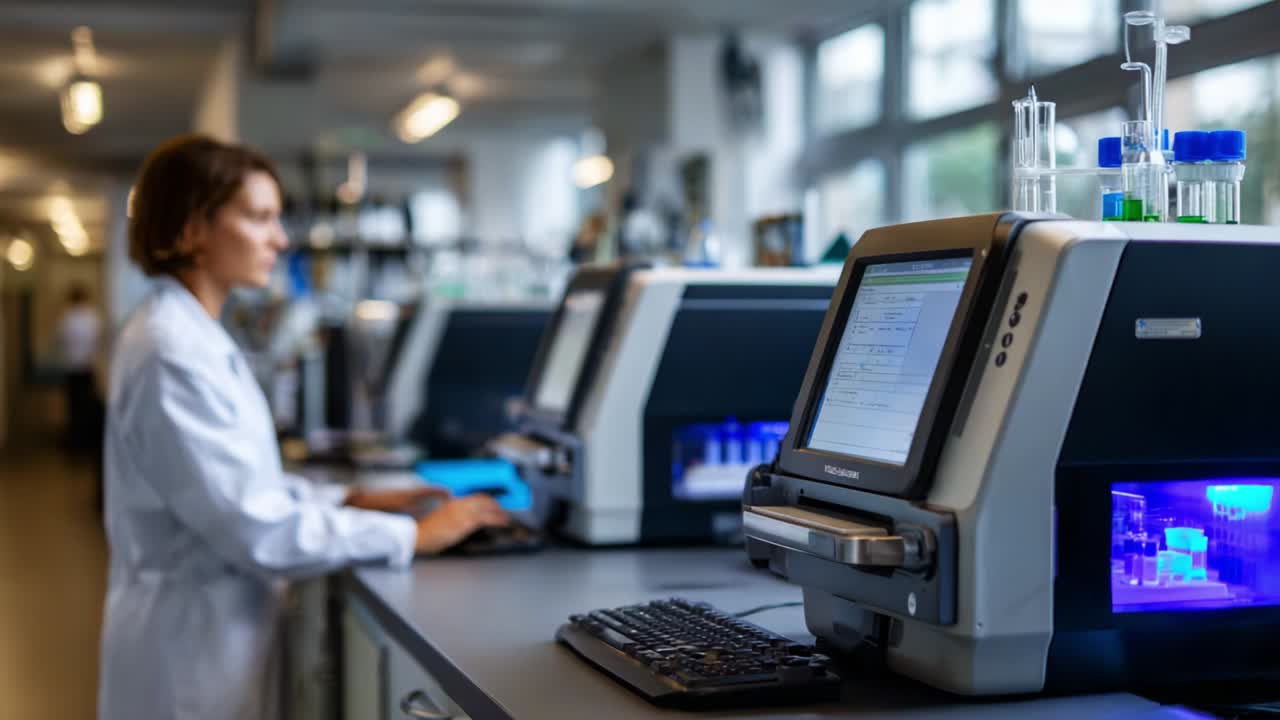 Laboratory scene showcasing advanced scientific equipment and a researcher working diligently on innovative projects. The environment emphasizes precision and collaboration among professionals in a high-tech lab setting
