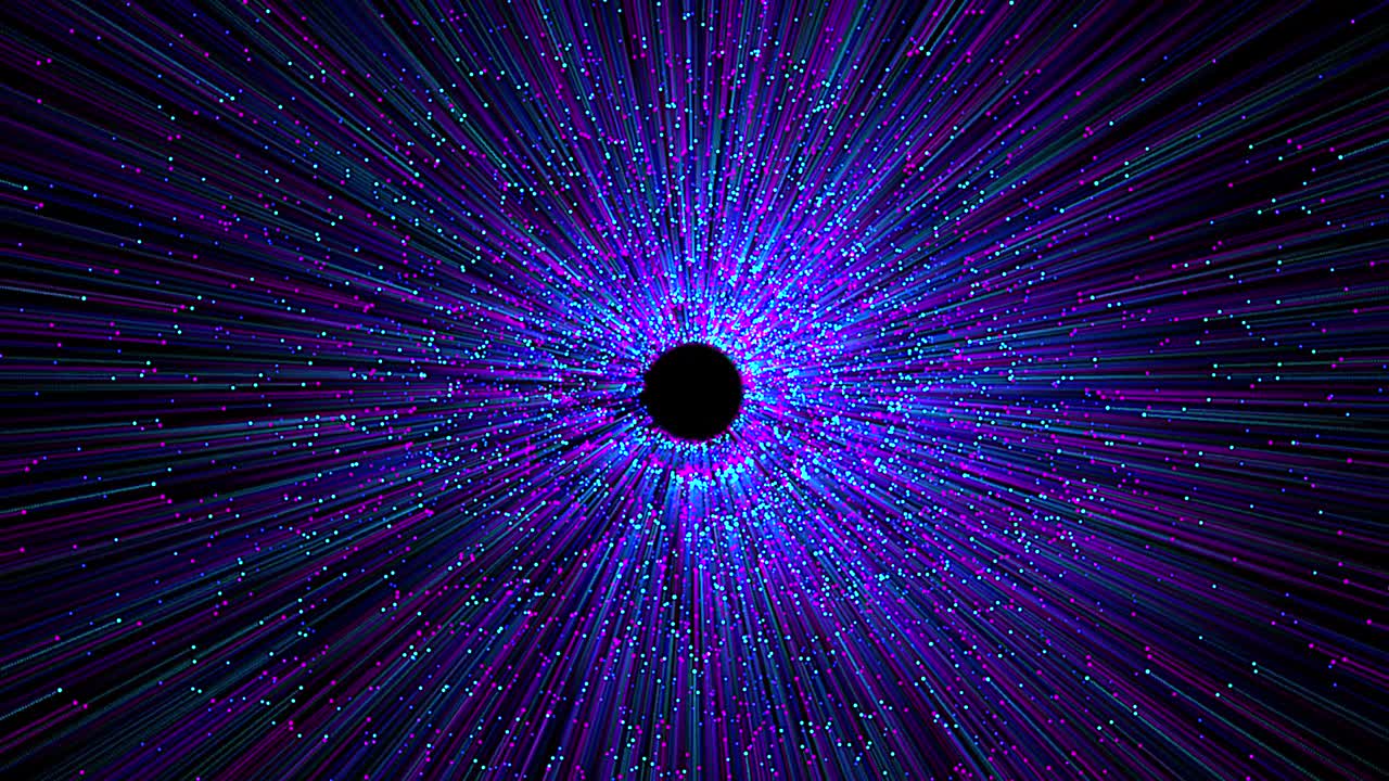 partículas y rayos de luz de color neón parpadeando mientras emanan lentamente de un agujero negro