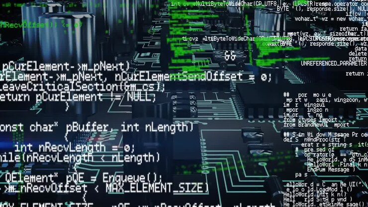 Animation of data processing on dark background