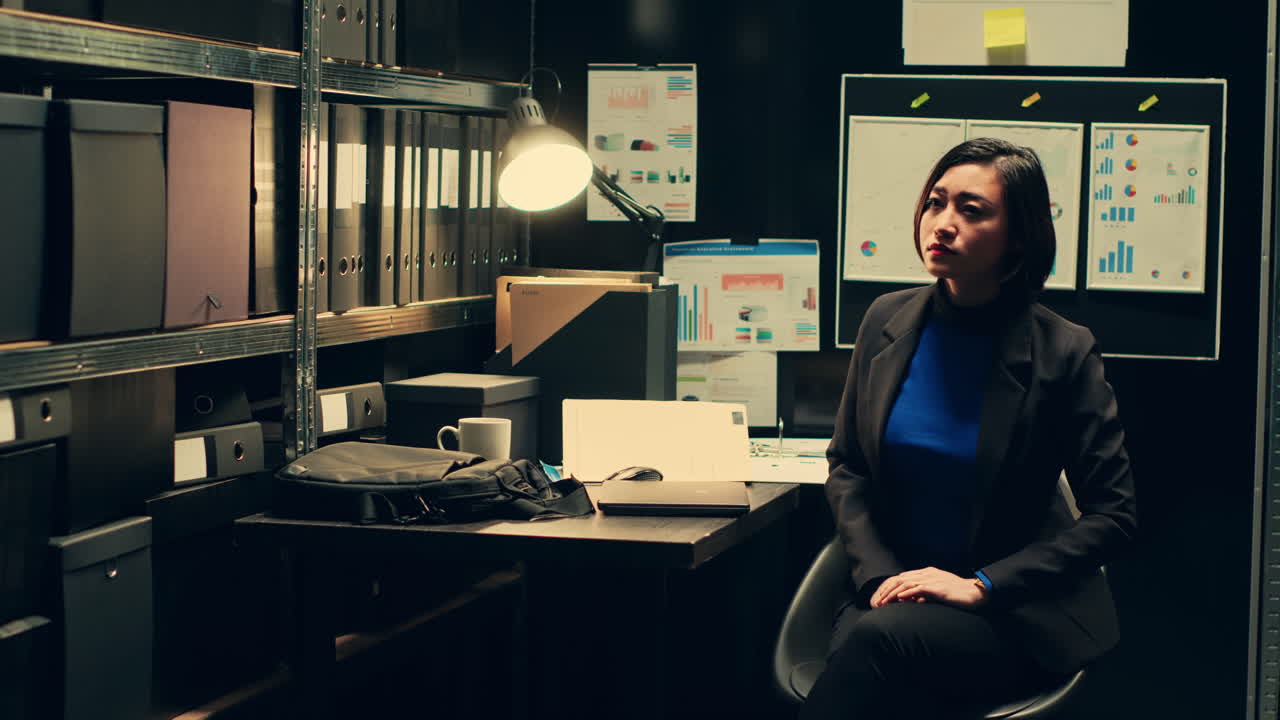 o oficial privado examina a projeção holográfica da visualização 3d do suspeito.