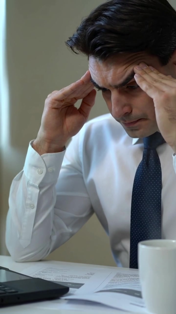 Video verticale: Revisione di laptop e documenti, lavoratore in camicia e cravatta che si preme le tempie alla scrivania con una tazza.
