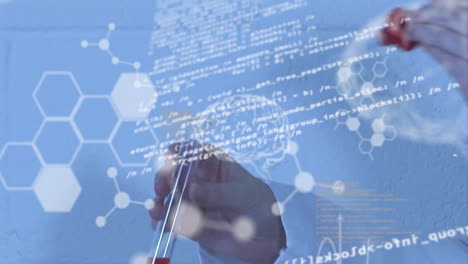 animation of data processing and caucasian scientist with test tube over chemical formula