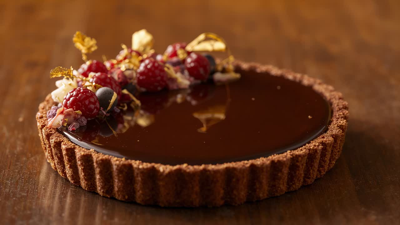 Moving camera revealing stationary chocolate tart on wood table, bringing garnish detail forward