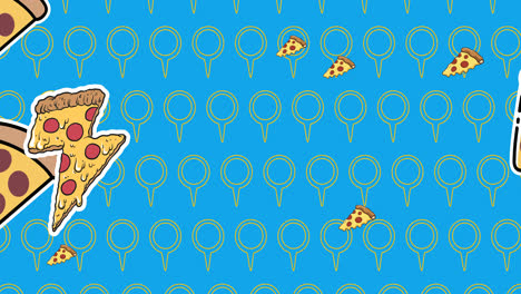 animación de pizzas y círculos iconos en fondo azul