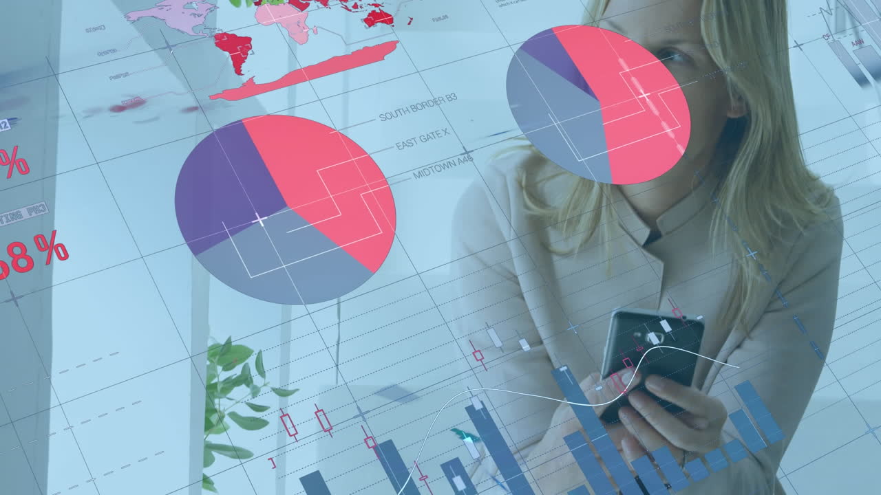 animación de estadísticas y procesamiento de datos sobre mujeres que usan teléfonos inteligentes