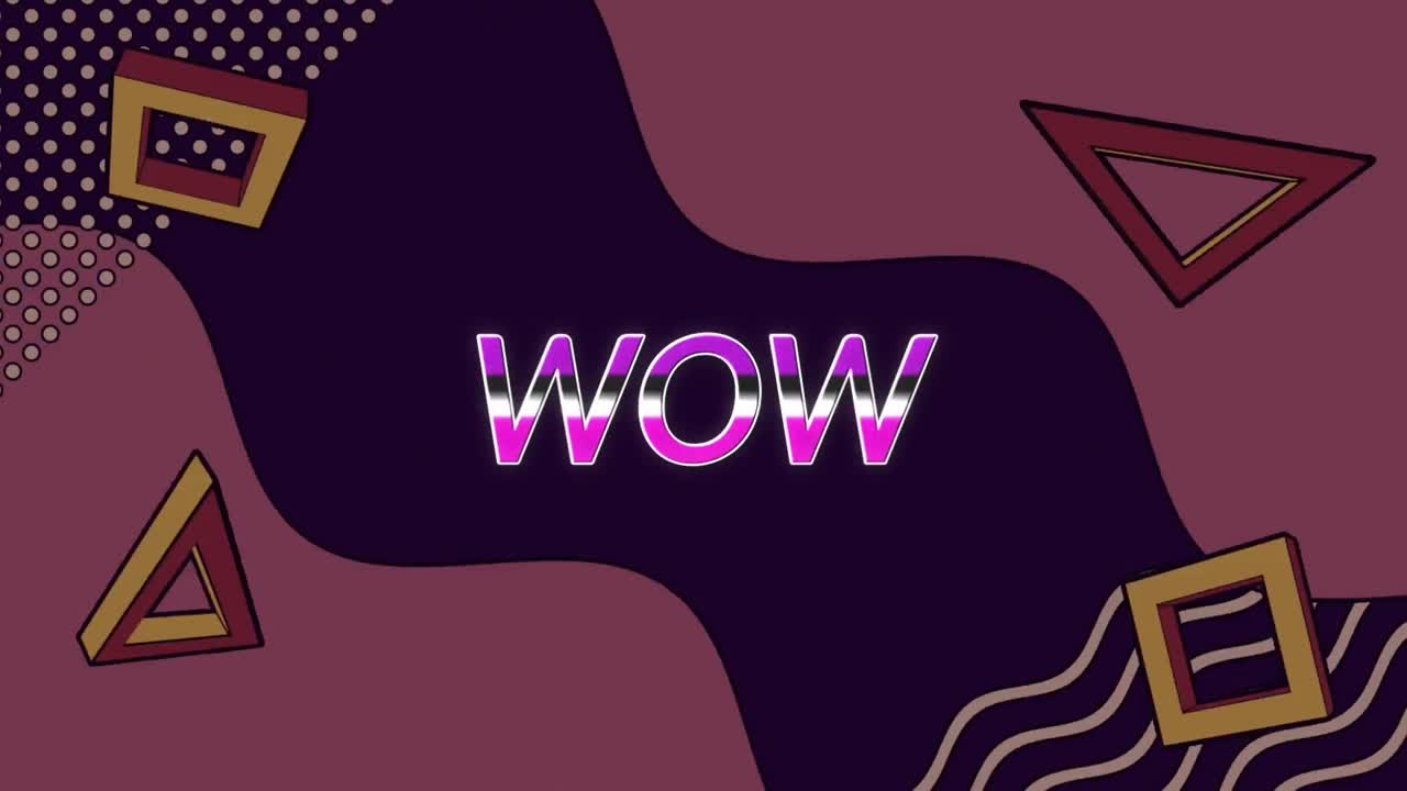 Animazione del testo "wow" su grafiche geometriche colorate in movimento su sfondo scuro