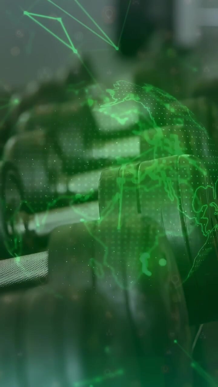 Metal dumbbells in fitness rack while camera shifting focus, starting green globe animating nodes