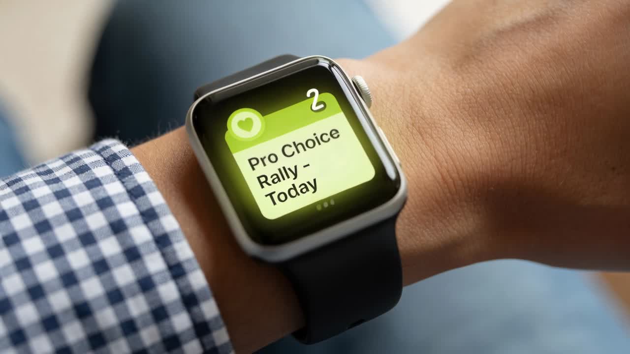 Una persona alza il polso e controlla l'orologio per una notifica di raduno, inclinando il cinturino che mostra un badge a forma di cuore.