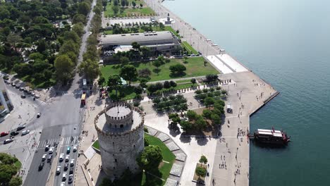 aerial shot of thessaloniki white tower on a bright day - 4k video