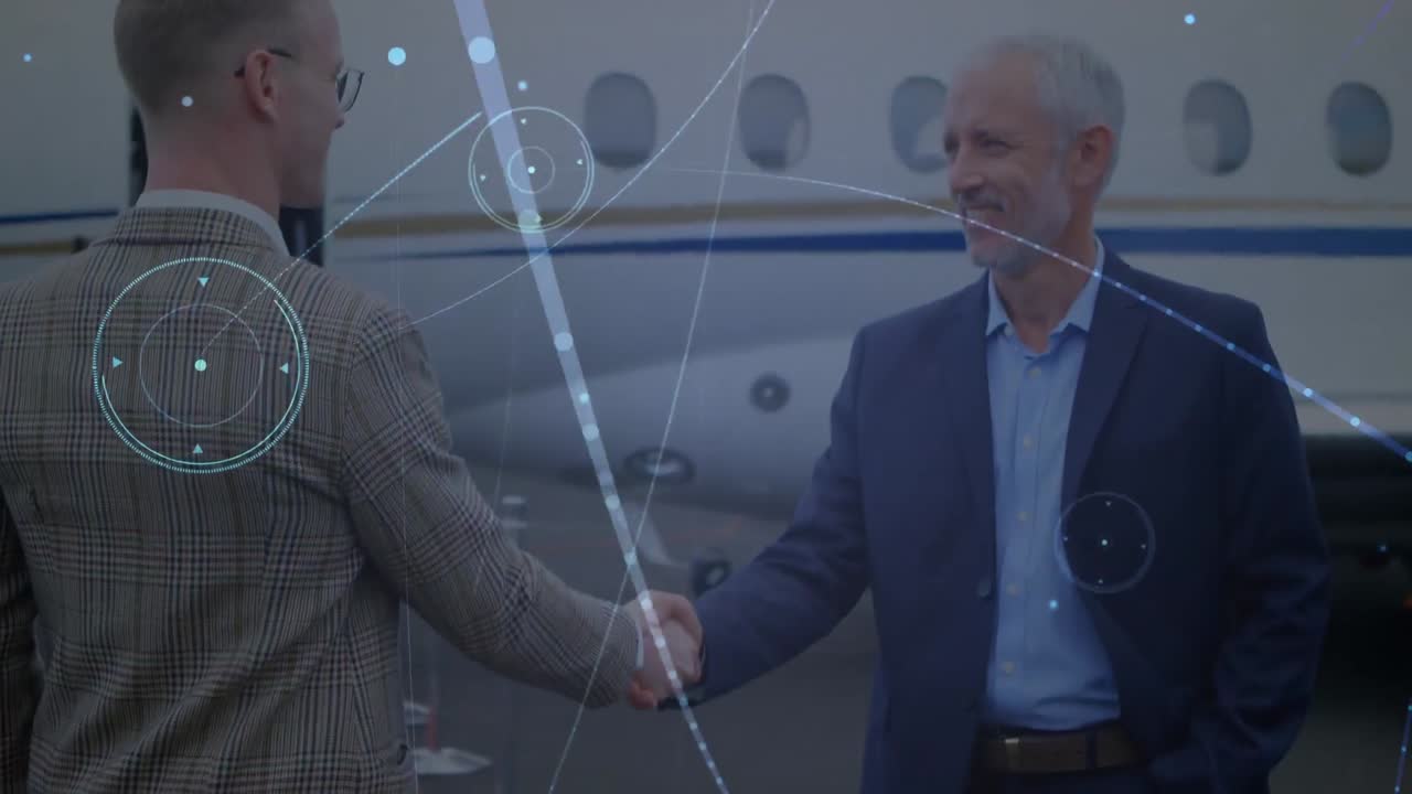 카우카스계 사업가들이 손을 흔들면서 데이터 처리의 애니메이션