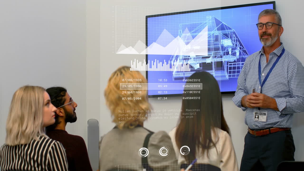 In school, diverse team discussing architectural blueprint with animation overlay