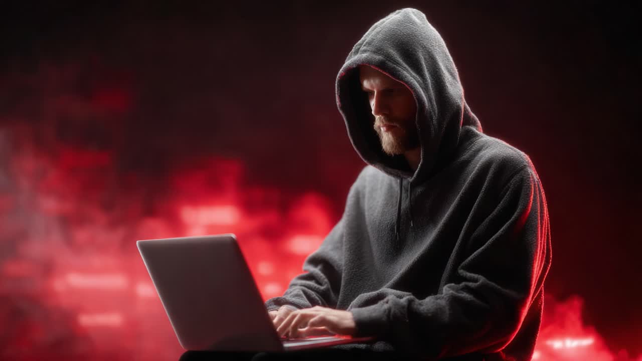 A solitary figure in a hoodie intensely focused on his laptop, creating an enigmatic atmosphere that combines technology and mystery with a dramatic red backdrop