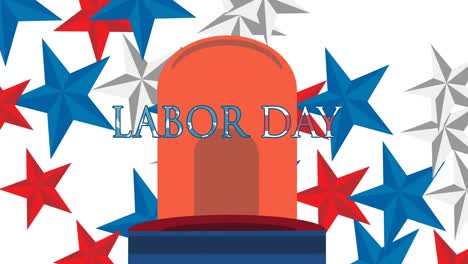 Animation-of-labor-day-text-and-police-siren-over-blue,red-and-white-stars-on-white-background