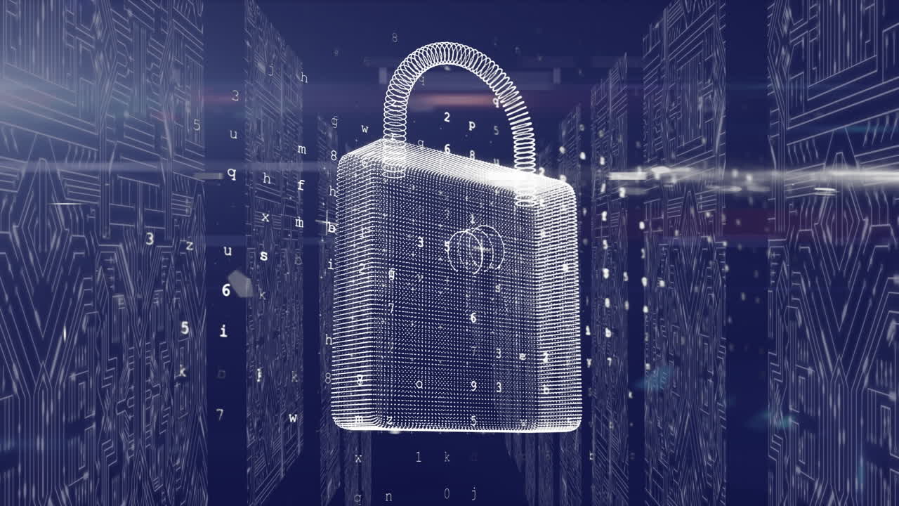 Animation of digital padlock, changing letters and integrated circuits