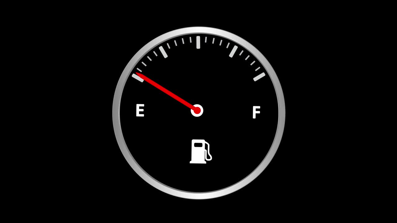 애니메이션 자동차 연료 대시보드 위아래로 움직이는 핀 바늘 연료가 가득 차 있고 비어 있습니다.