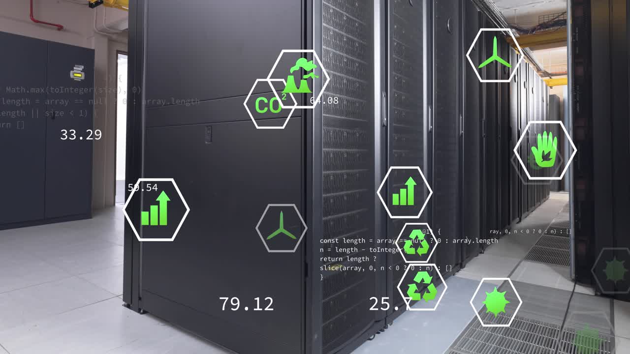 Animation of green technology icons and coding over data server room