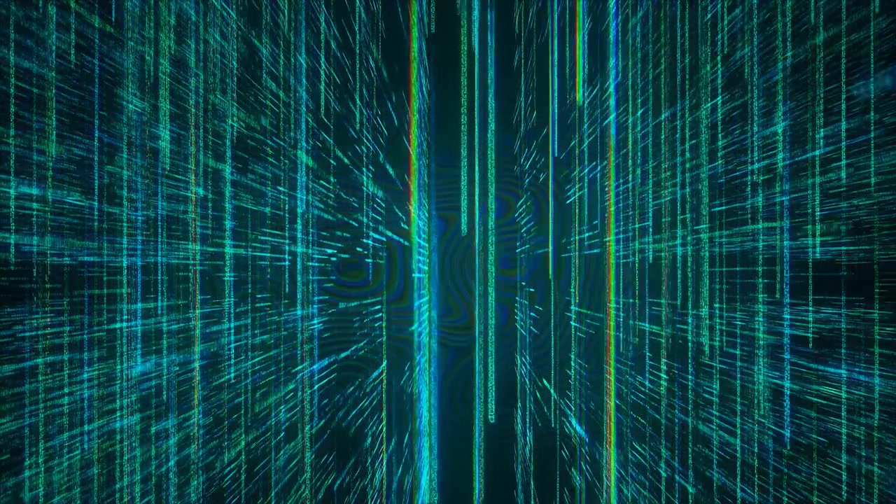 Centreret digital korridor dannet af lysende søjler og krydsende gitterlinjer, skaber stærk dybde, turkis og cyan glød, lagdelt struktur og abstrakt højteknologisk baggrund, med digital, data