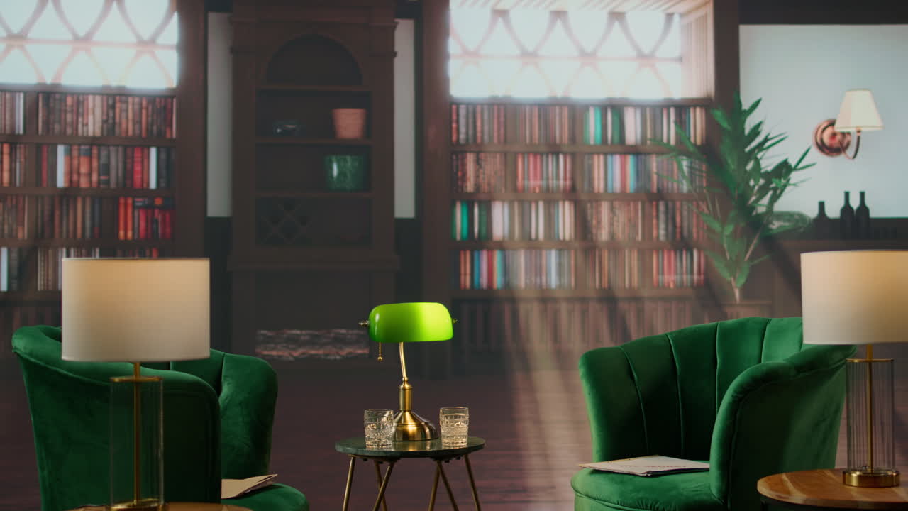 libro vacío lleno de sala de estudio tradicional con sillas verdes y tonos cálidos