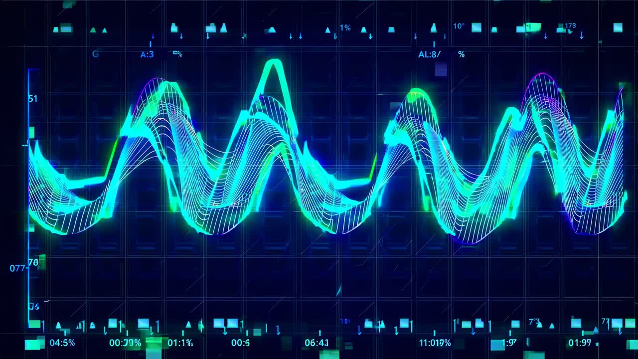 Abstract Digital Data Waveform Visualization with Glowing Neon Lines