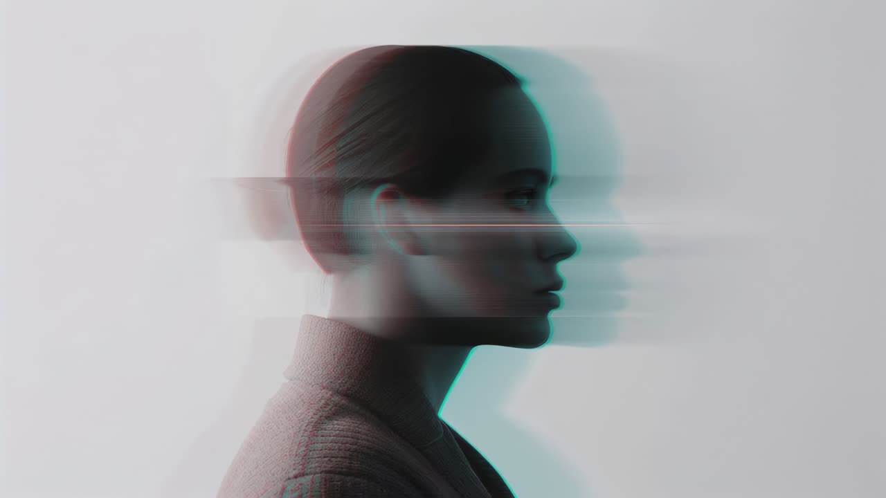 Woman holding right profile studio, glitching scans forming magenta halo, sweater, copy space
