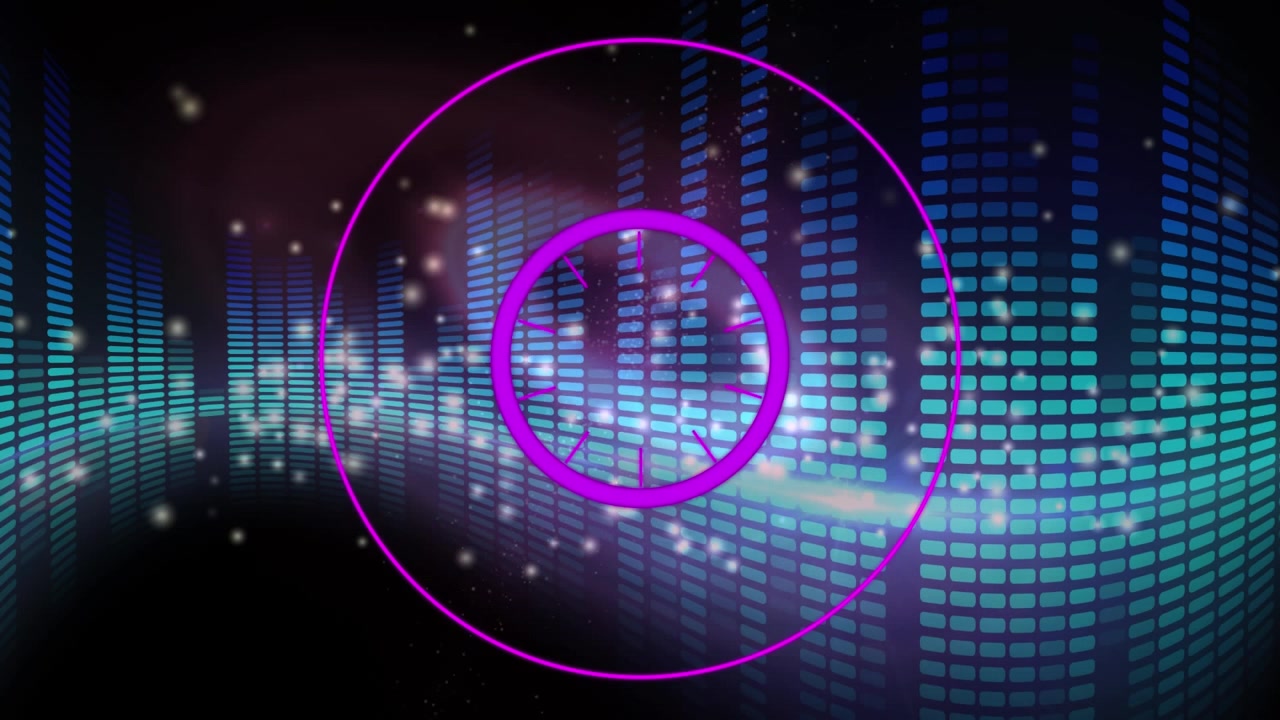 Abstract purple shapes against spots of light over blue disco ball on black background