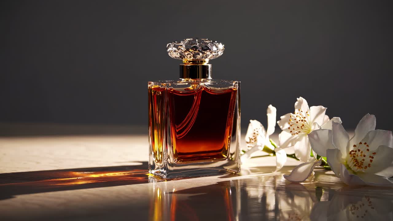 Elegante flacone di profumo con fiori bianchi, catturato in una luce soffusa da un angolo basso