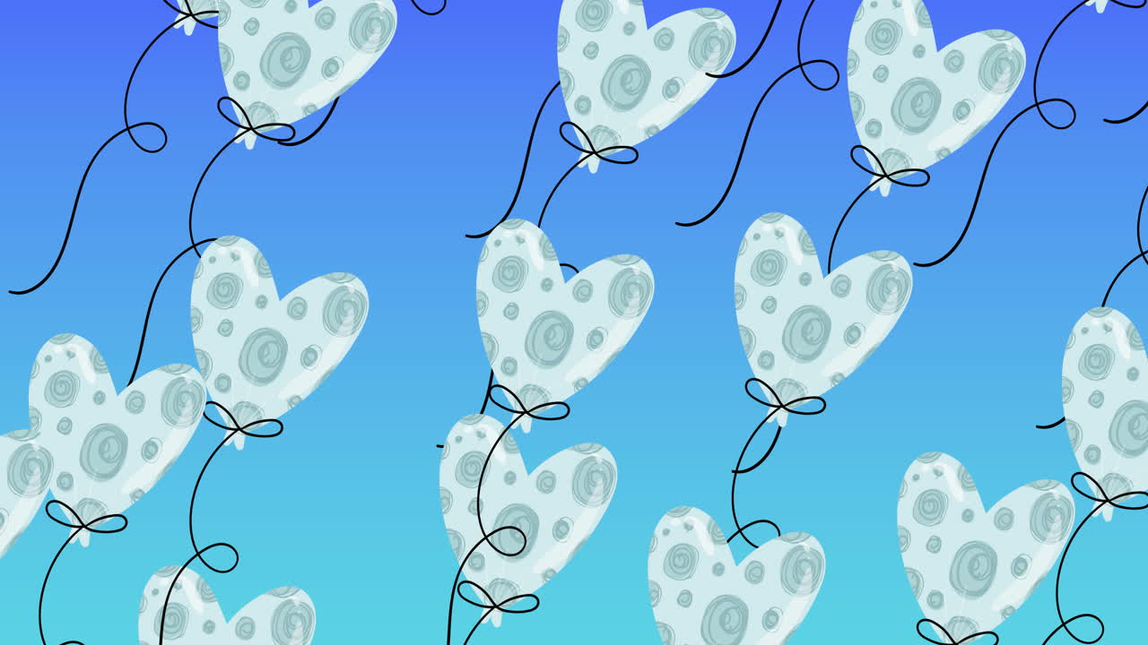 animación de globos en forma de corazón volando sobre un fondo azul