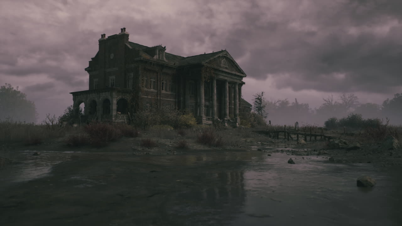 Mysterious abandoned mansion in a desolate landscape during overcast skies