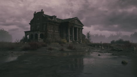 mysterious abandoned mansion in a desolate landscape during overcast skies