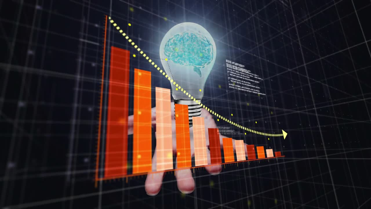 Hand sliding bar chart into view on 3D grid visualizing declining trend with brain bulb