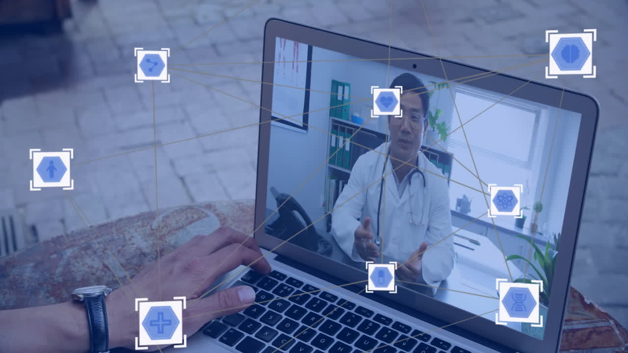 Animazione di una rete di connessioni con icone su un uomo caucasico che usa un laptop per una videochiamata.