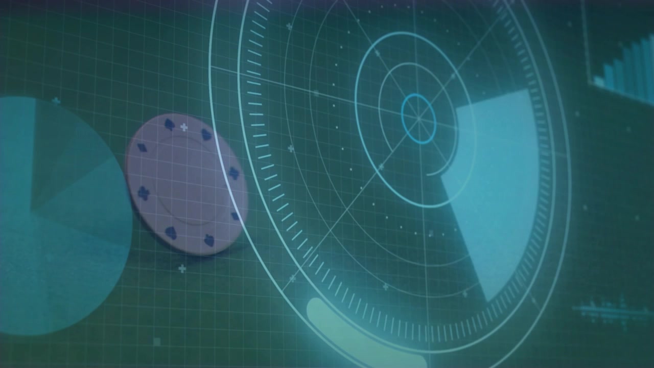 Radar HUD appearing and sweeping, puck tipping, rocking on grid mat while scanning to map position