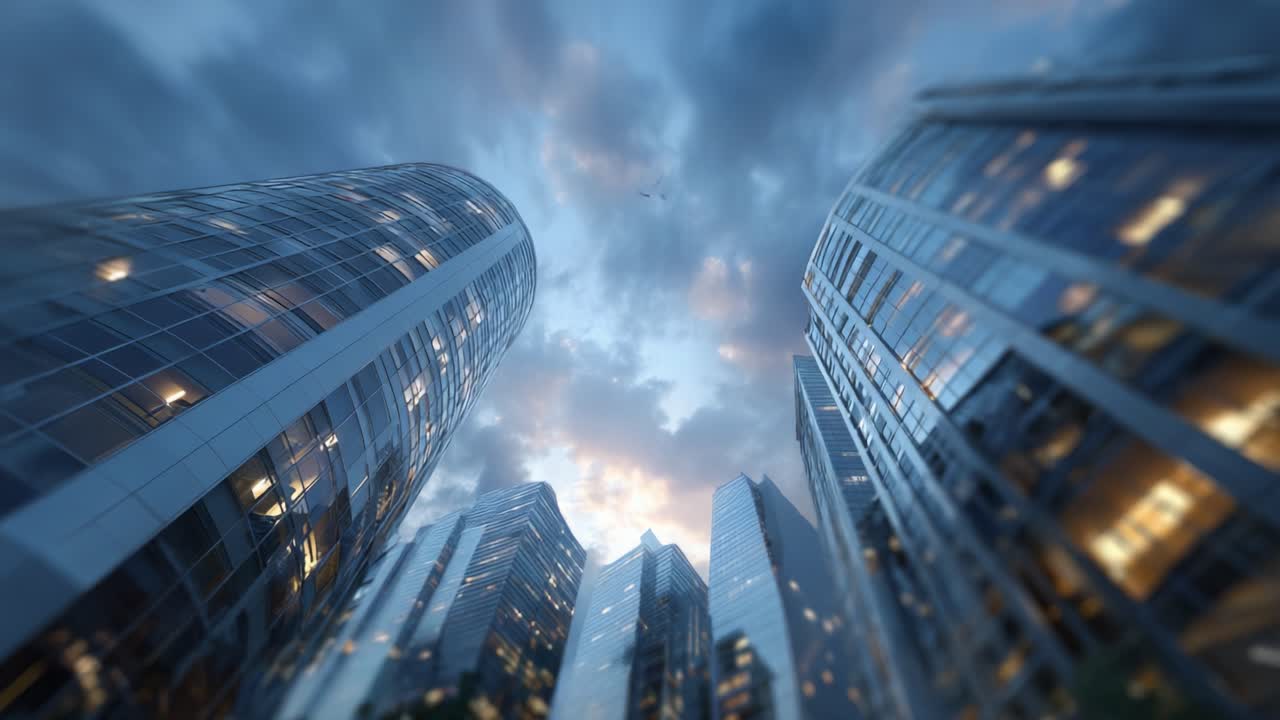 Perspectiva aérea de arranha-céus modernos contra um céu crepuscular dramático em uma paisagem urbana, capturando a beleza arquitetônica e a vida urbana