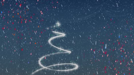 animation of snow falling over christmas tree in winter scenery