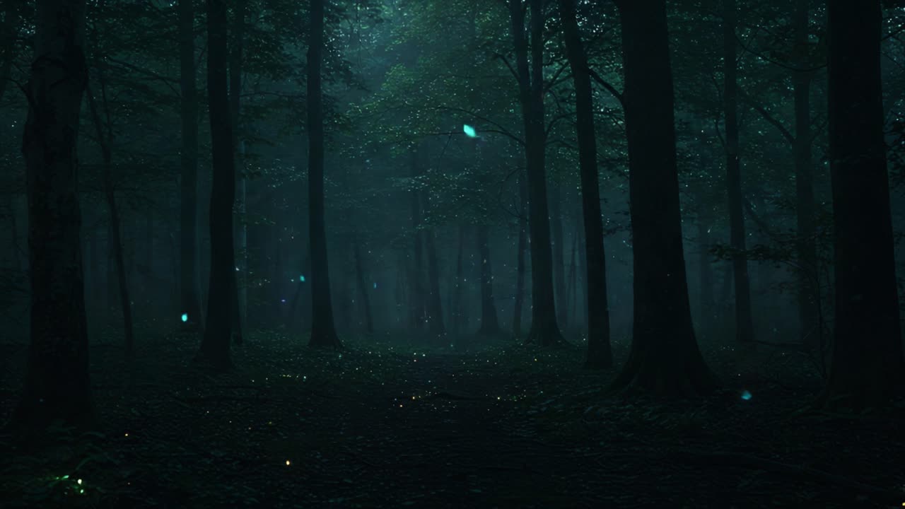 A Mystical Forest at Twilight with Glimmering Lights Dancing Among the Trees, Creating an Enchanting Atmosphere of Serenity and Intrigue in the Deepening Night