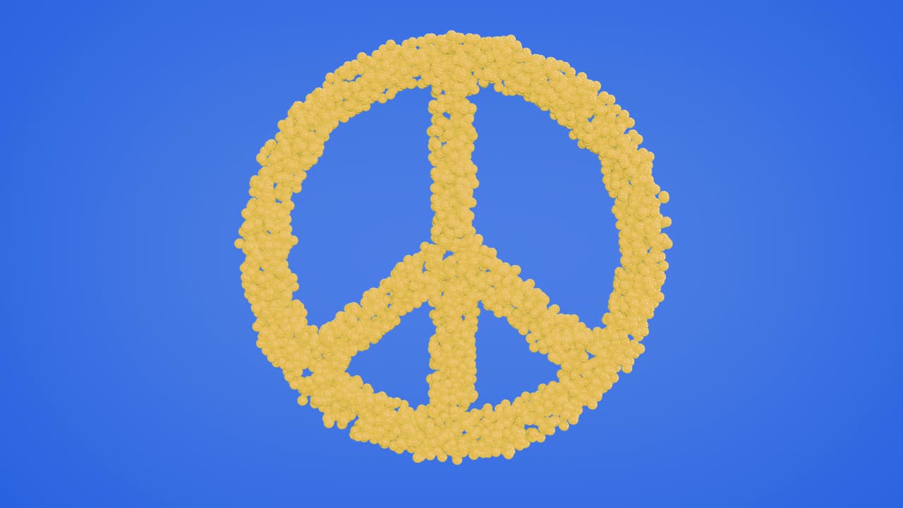 평화의 상징의 3d 루프 애니메이션 - 작은 공이 파동으로 파동 된 표면을 형성합니다 - 트렌디한 활기찬 텍스처, 모션 그래픽 디자인, 다채로운 밝은 텍스처.