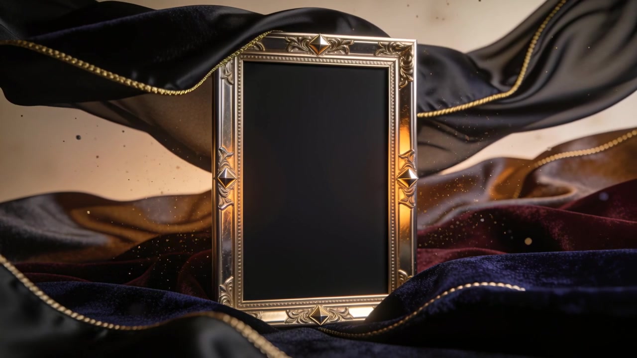 Luce ambrata che cambia, drappeggio fluttuante con bordo di perline che rivela una cornice dorata sul set, polvere fluttuante.