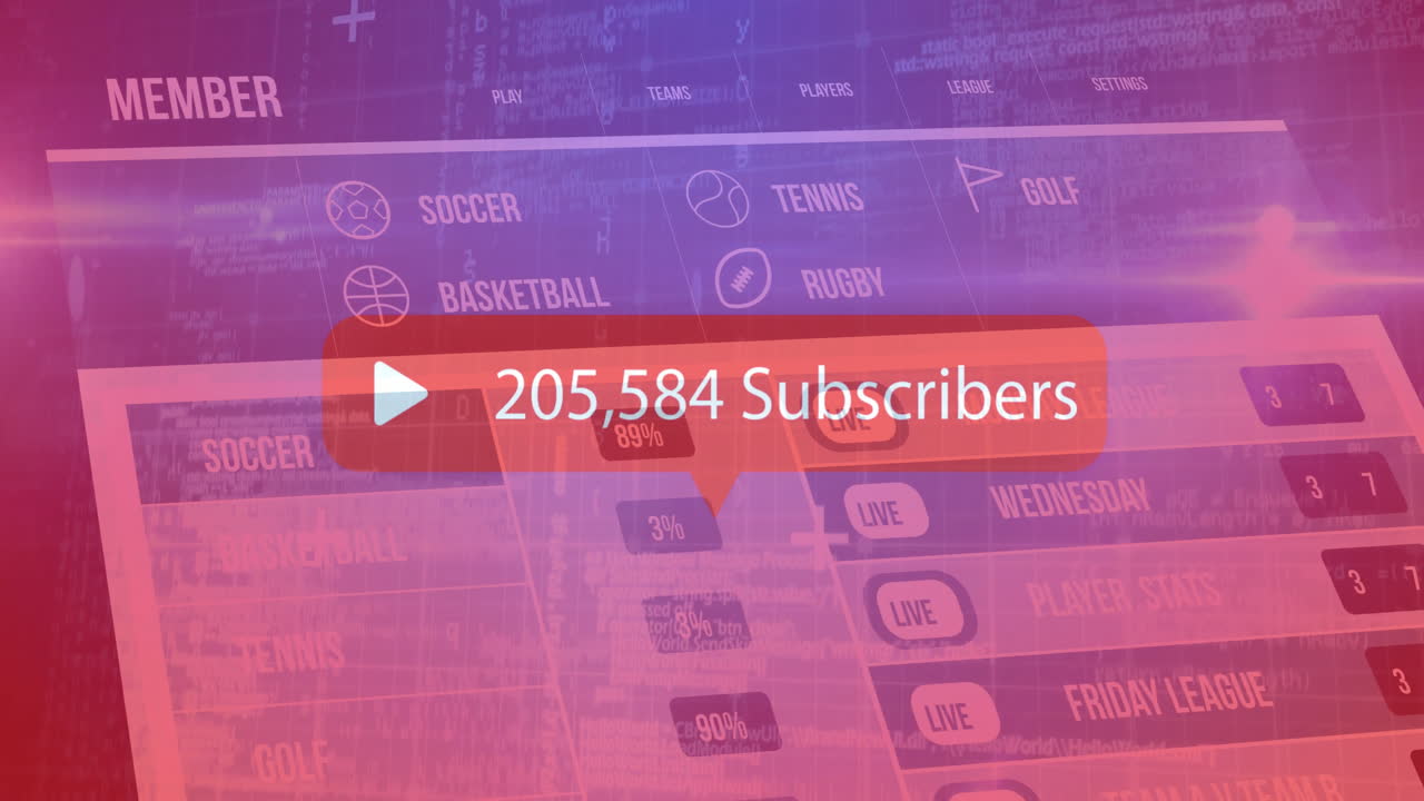 Avspillingsknapp og abonnentantall over animasjon av sportsplan og statistikk