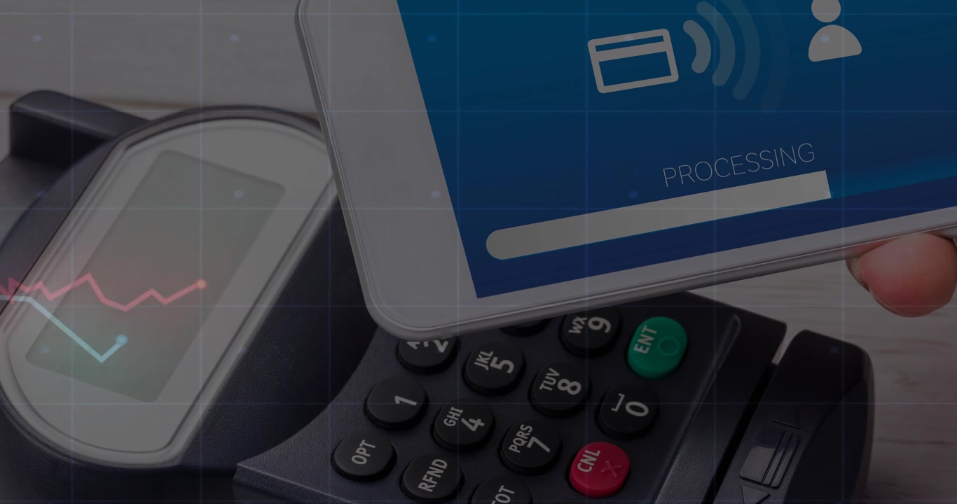 User tapping phone on terminal, payment graphs oscillating and converging to authorize transaction